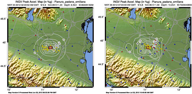 Mappe di scuotimento del terremoto in Emilia