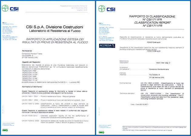 Certificati di resistenza al fuoco per laterizi POROTON