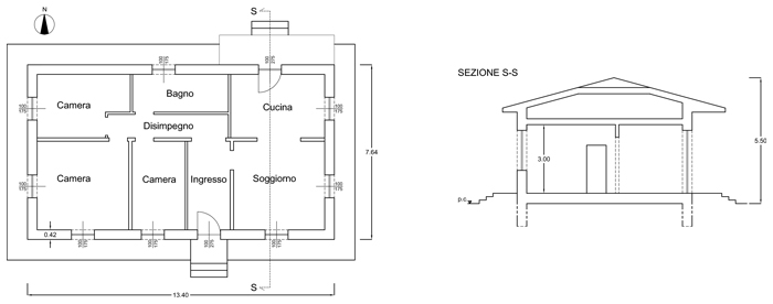 Pianta e sezione dello stato di fatto